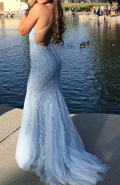 Blue A-Line Spaghetti Strap Backless Elegant Tulle Applique Long Prom Dress HZ1024