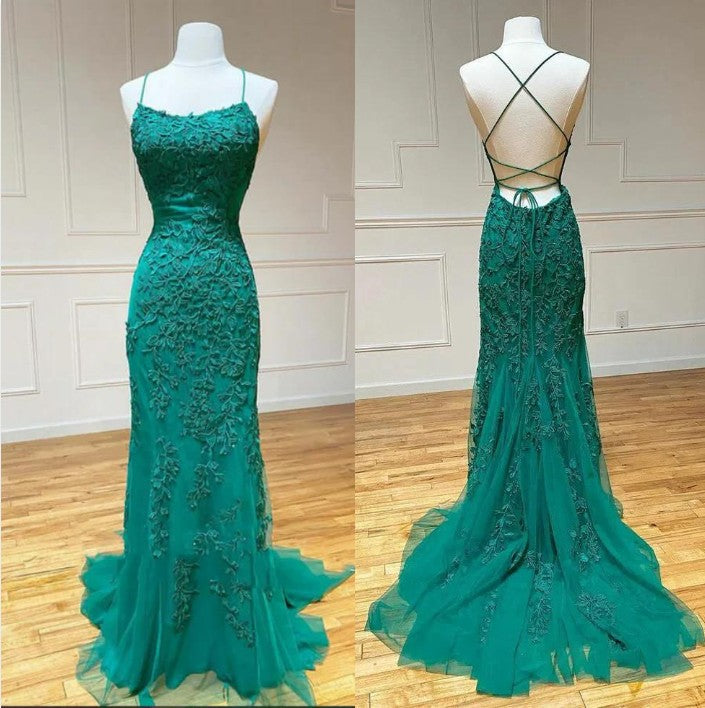 Blue A-Line Spaghetti Strap Backless Elegant Tulle Applique Long Prom Dress HZ1024
