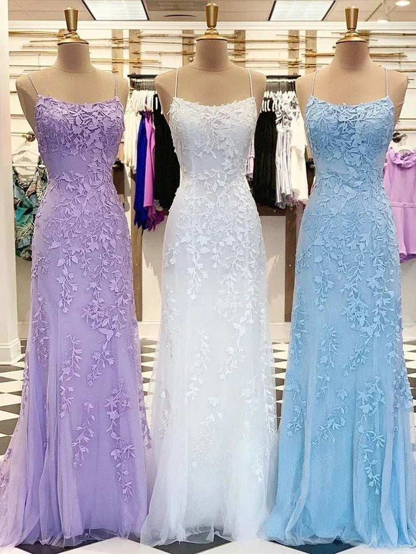 Blue A-Line Spaghetti Strap Backless Elegant Tulle Applique Long Prom Dress HZ1024