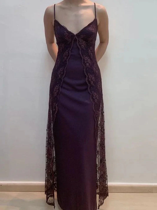 Vintage Y2K Grape Sheath Party Dress 90s Spaghetti Straps Lace Evening Dress ED01781