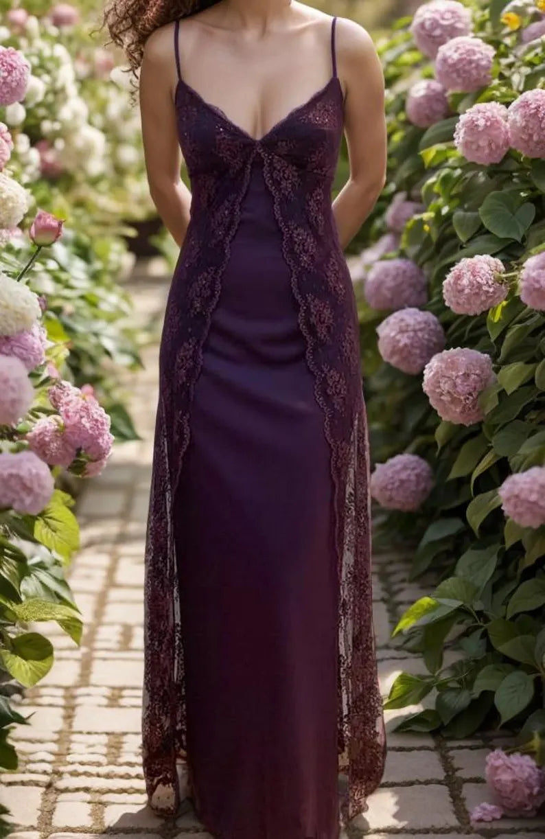 Vintage Y2K Grape Sheath Party Dress 90s Spaghetti Straps Lace Evening Dress ED01781
