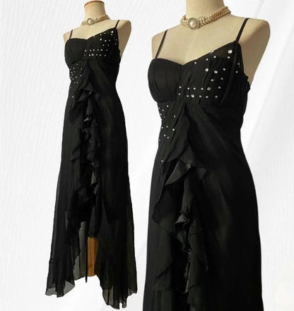 Black Chiffon Mermaid Party Dresses with Silt Spaghetti Straps Long Prom Dresses HZ1024
