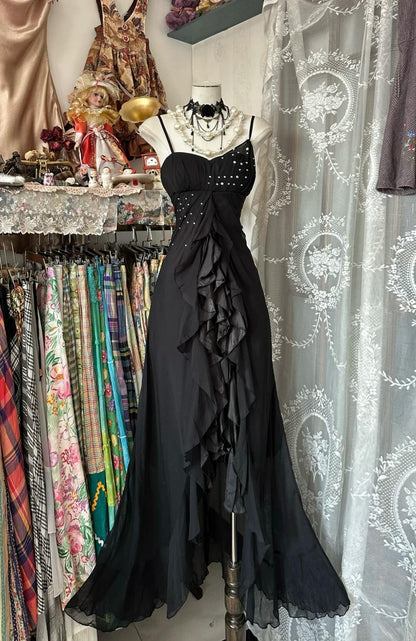 Black Chiffon Mermaid Party Dresses with Silt Spaghetti Straps Long Prom Dresses HZ1024