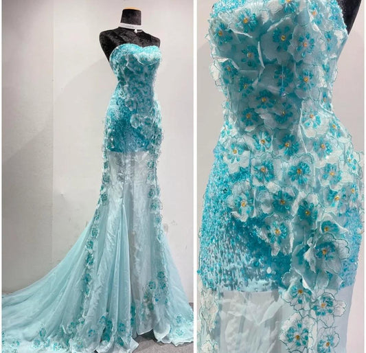 Ice Blue Ombre Mermaid Strapless Chiffon Long Evening Dress Appliques Beading Formal Prom Dress Graduation Dress ED01789