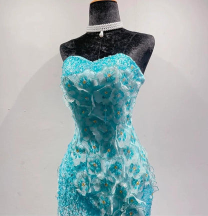 Blue Ombre Mermaid Strapless Chiffon Long Evening Dress Appliques Beading Formal Prom Dress Graduation Dress HZ1024