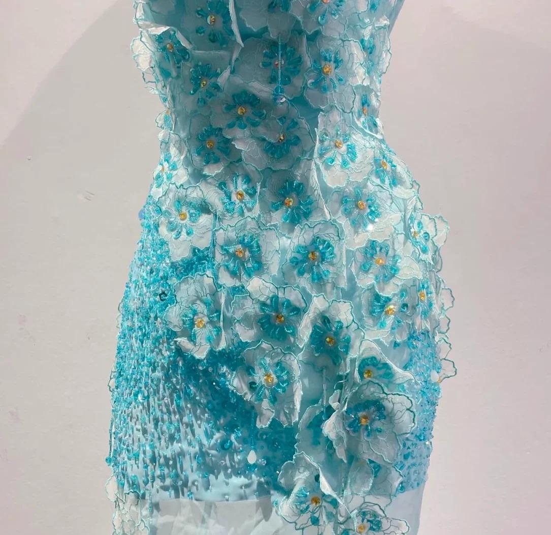 Ice Blue Ombre Mermaid Strapless Chiffon Long Evening Dress Appliques Beading Formal Prom Dress Graduation Dress ED01789