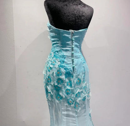 Ice Blue Ombre Mermaid Strapless Chiffon Long Evening Dress Appliques Beading Formal Prom Dress Graduation Dress ED01789