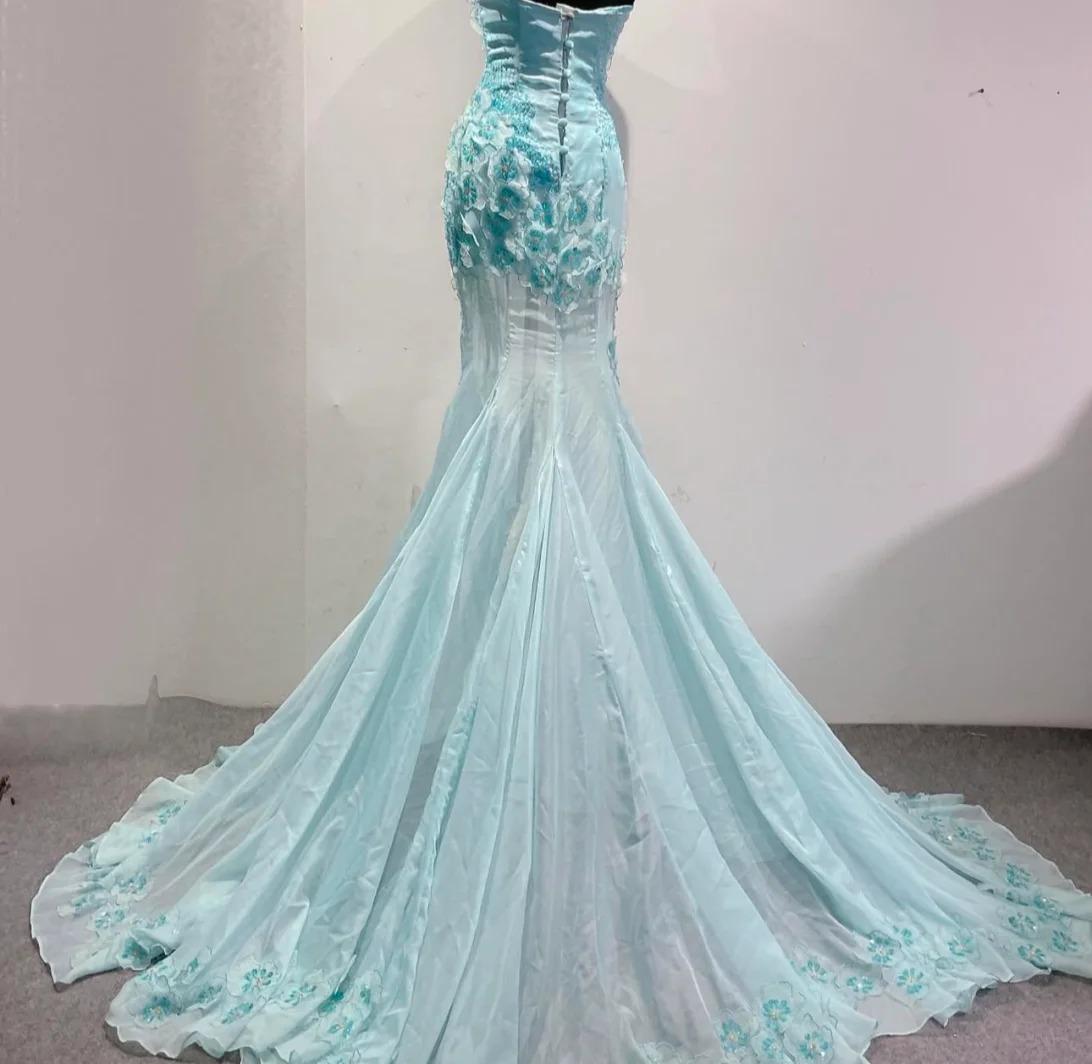 Ice Blue Ombre Mermaid Strapless Chiffon Long Evening Dress Appliques Beading Formal Prom Dress Graduation Dress ED01789