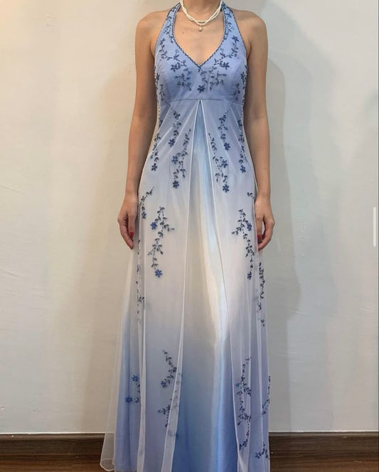 Vintage Gradient Purple Sheath Halter Neck Satin Prom Dress with Beaded Appliques ED01791