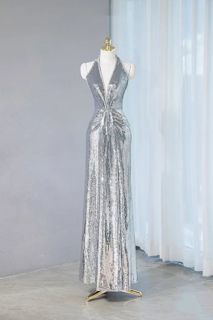 Sequins Sheath V-Neck Long Prom Dress Shiny Evening Dress HZ1024
