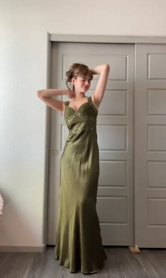Green Mermaid Spaghetti Straps Satin Beaded Long Prom Dress Evening Dress HZ1024