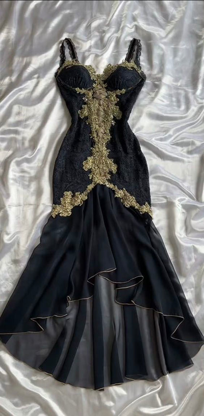 Elegant Sweetheart Neck Lace Chiffon Spaghetti Strap Sequin Prom Dress HZ1024