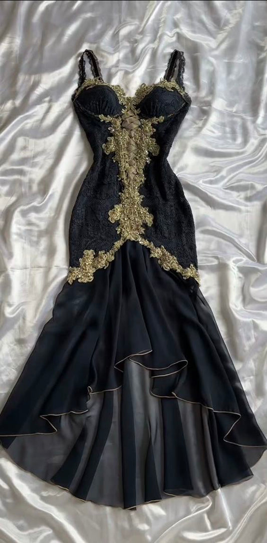 Elegant Sweetheart Neck Lace Chiffon Spaghetti Strap Sequin Prom Dress HZ1024