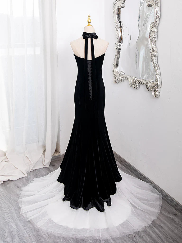 Mermaid Tulle Velvet Black Long Prom Dress, Mermaid Long Formal Dress ED018