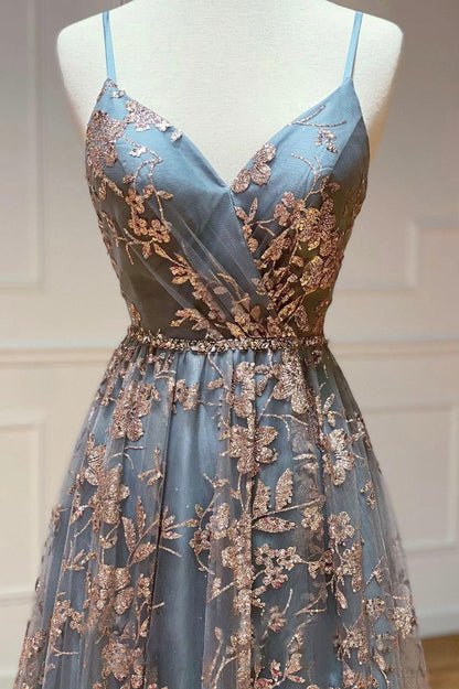 A-Line Spaghetti Strap Tulle Long Prom Dress Sequins Evening Gown with Slits HZ1024