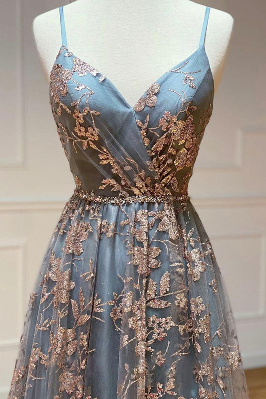 Grey A-Line Spaghetti Strap Tulle Long Prom Dress Sequins Evening Gown with Slits ED01800
