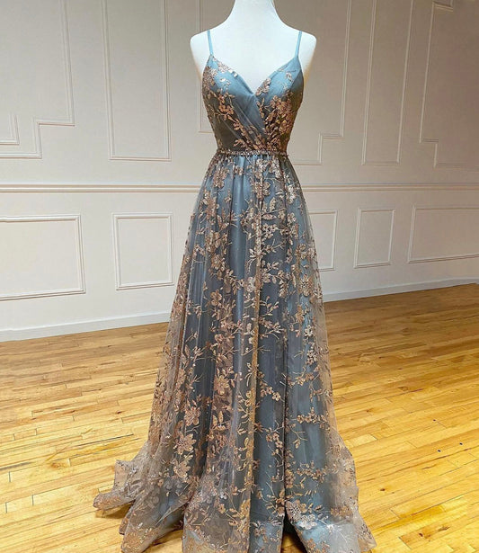 A-Line Spaghetti Strap Tulle Long Prom Dress Sequins Evening Gown with Slits HZ1024