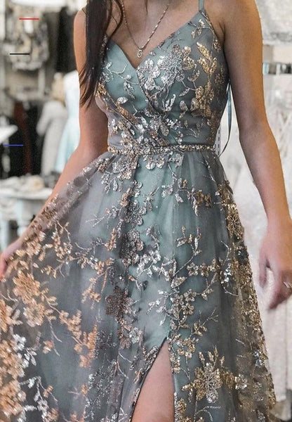 Grey A-Line Spaghetti Strap Tulle Long Prom Dress Sequins Evening Gown with Slits ED01800
