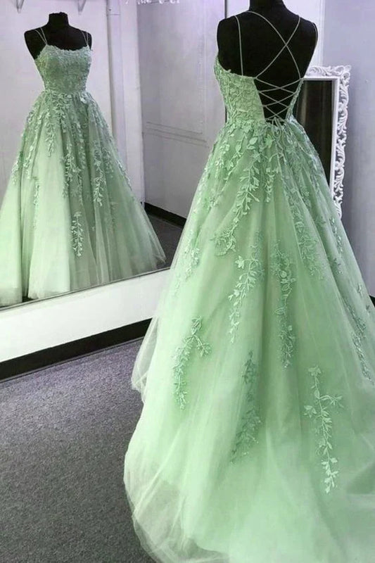 Sage Green A-Line Spaghetti Strap Tulle Applique Long Prom Dress ED01801