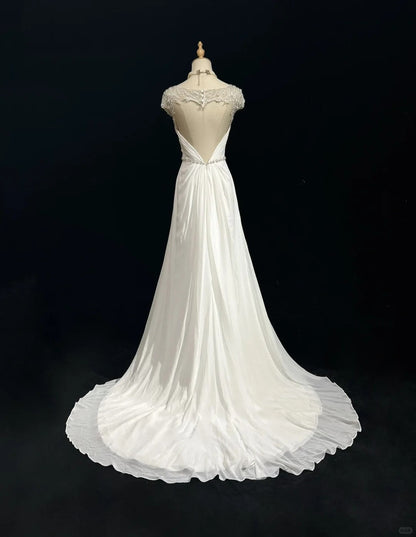 Elegant A-Line Chiffon V-neck Long Prom Dress with Beading Simple Wedding Dress HZ1024