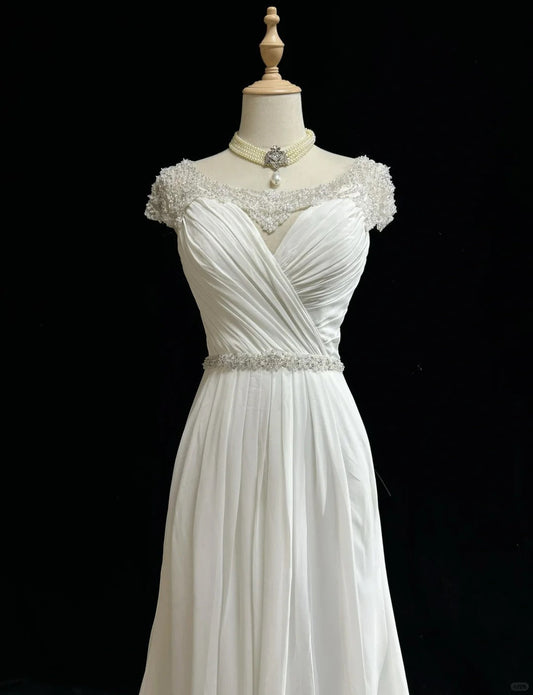 Elegant A-Line Chiffon V-neck Long Prom Dress with Beading Simple Wedding Dress HZ1024
