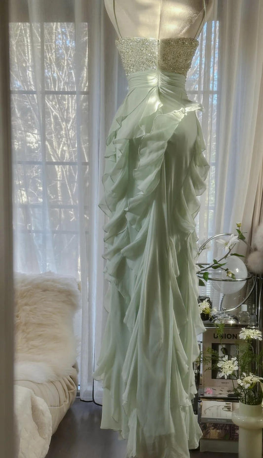 Chiffon Sheath Spaghetti Strap Ruffled Prom Dress with Beading Evening Dress ED01806