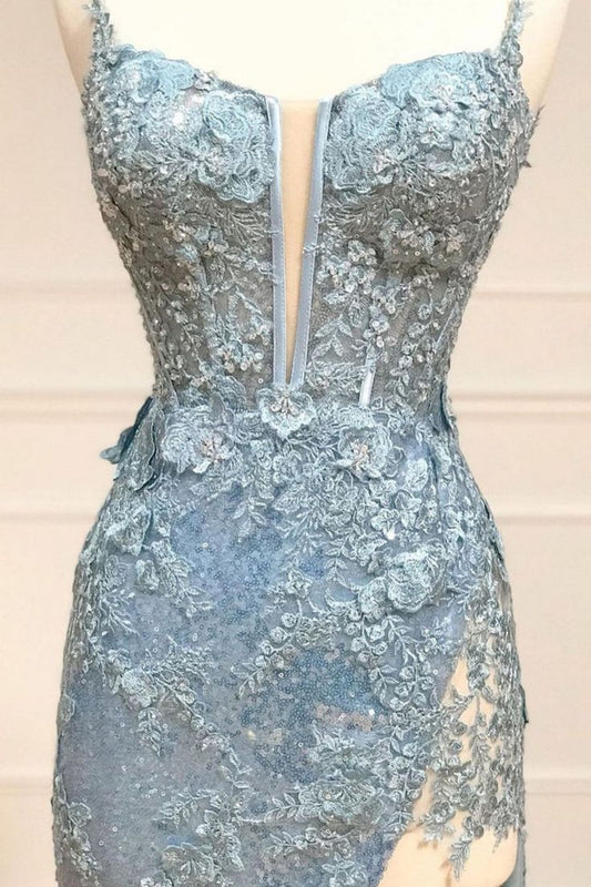Tiffany Blue Spaghetti Straps Tulle Applique Long Prom Dress Sequined Evening Dress with Slits HZ1024