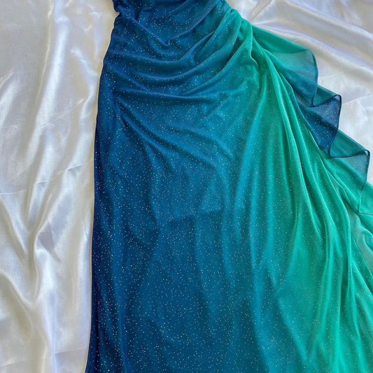 Glitter Blue Sweetheart Neck Bodycon Dress Ruffled Party Dress Spaghetti Strap Evening Dress ED01813