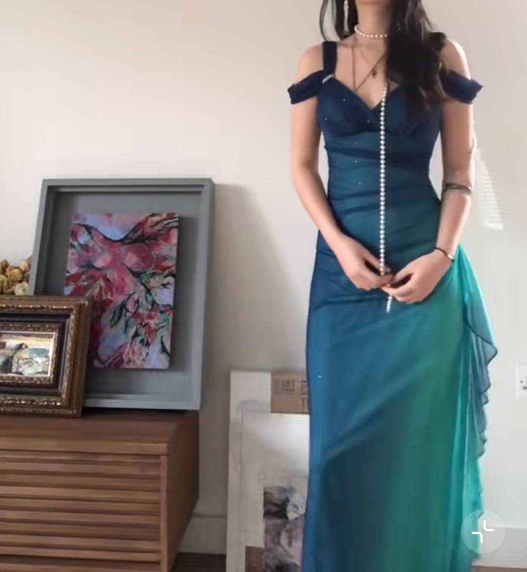 Blue Sweetheart Neck Bodycon Dress Ruffled Party Dress Spaghetti Strap Evening Dress HZ1024