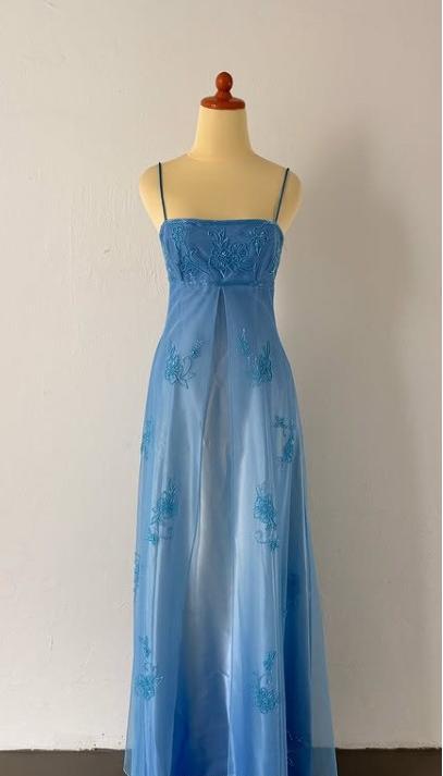 Gothic Vintage Prom Dress Under $170_©µGorgeous Spaghetti Straps Beading Applique Gradient Blue Sleeveless Long Evening Dress  ED01816