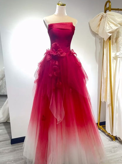 Cute Gradient Tulle Strapless A-Line Long Wedding Dress Evening Gown ED01819