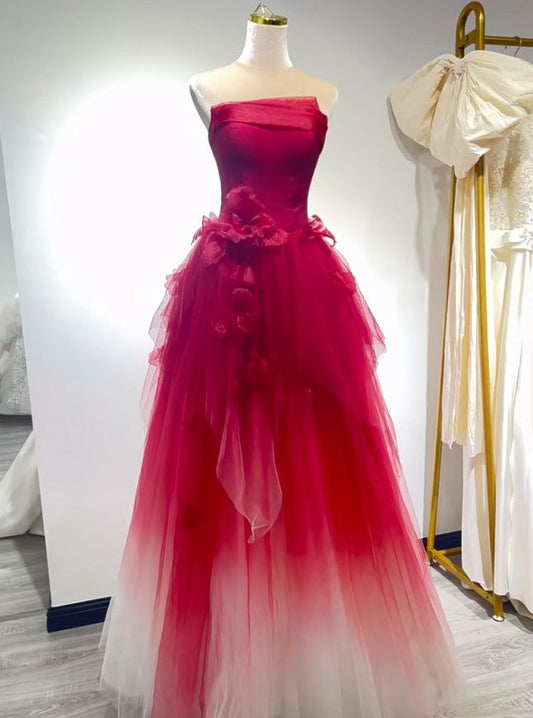 Cute Gradient Tulle Strapless A-Line Long Wedding Dress Evening Gown ED01819
