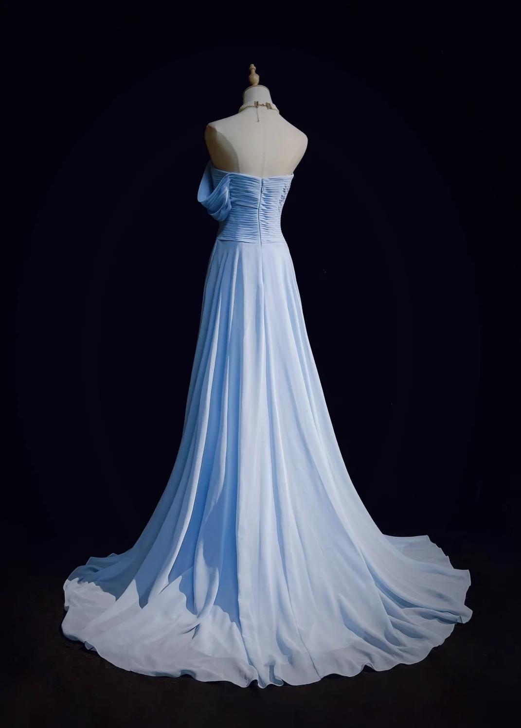 Gorgeous Blue A-line Chiffon Pleated One Shoulder Slit Long Evening Gown Wedding Guest Dress ED01820