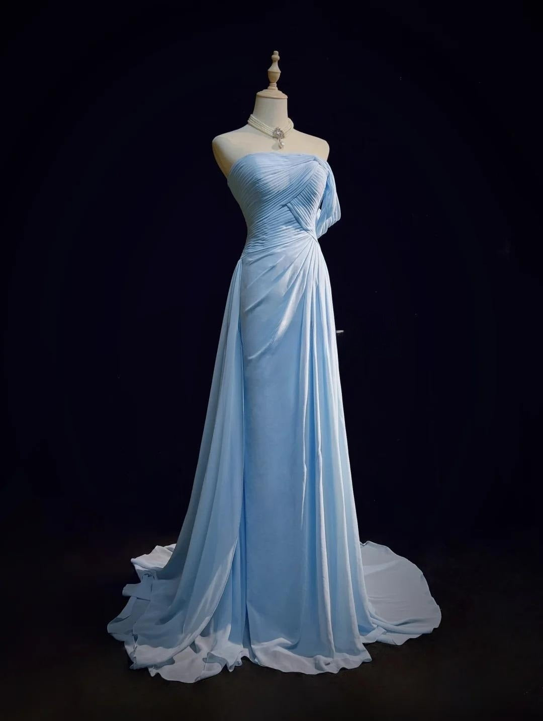 Gorgeous Blue A-line Chiffon Pleated One Shoulder Slit Long Evening Gown Wedding Guest Dress ED01820