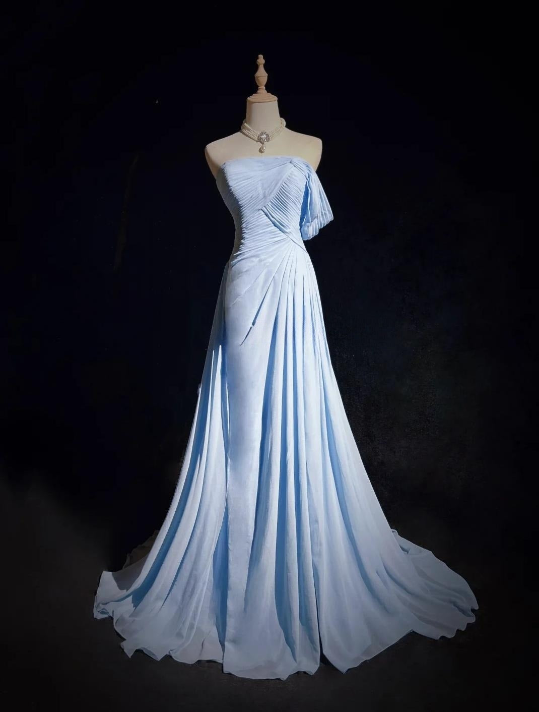Blue A-line Chiffon Pleated One Shoulder Slit Long Evening Gown Wedding Guest Dress HZ1024