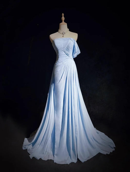Blue A-line Chiffon Pleated One Shoulder Slit Long Evening Gown Wedding Guest Dress HZ1024