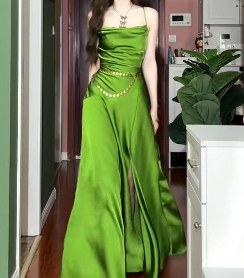 Green Spaghetti Strap Slit Satin Long Sleeveless Prom Dress Party Pong Evening Dress HZ1024