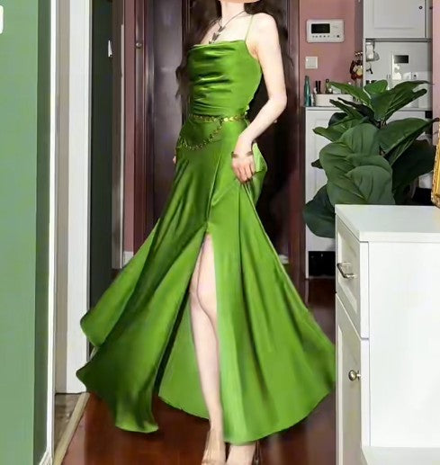 Green Spaghetti Strap Slit Satin Long Sleeveless Prom Dress Party Pong Evening Dress HZ1024