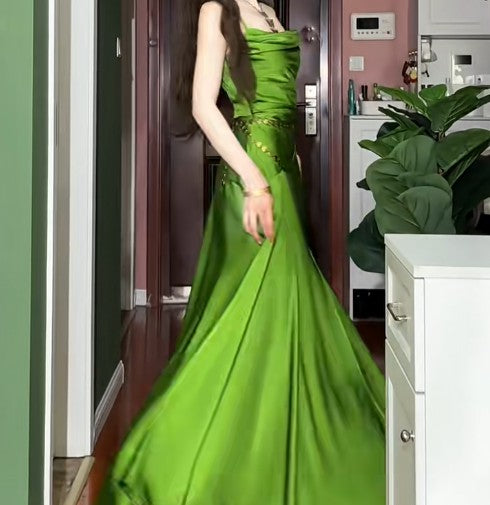 Green Spaghetti Strap Slit Satin Long Sleeveless Prom Dress Party Pong Evening Dress HZ1024