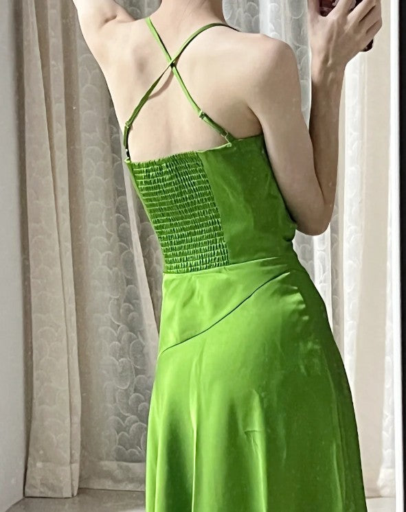 Green Spaghetti Strap Slit Satin Long Sleeveless Prom Dress Party Pong Evening Dress HZ1024