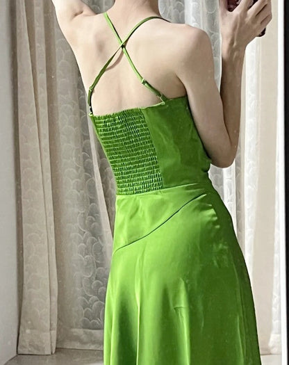 Green Spaghetti Strap Slit Satin Long Sleeveless Prom Dress Party Pong Evening Dress HZ1024