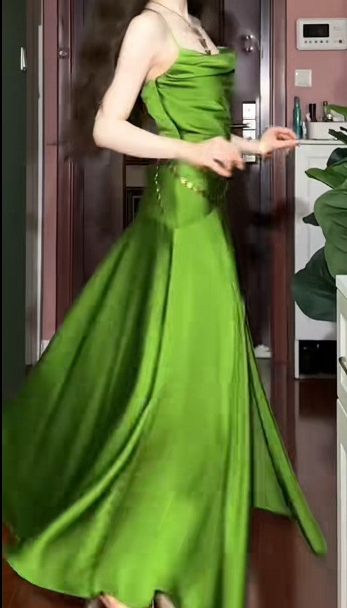 Green Spaghetti Strap Slit Satin Long Sleeveless Prom Dress Party Pong Evening Dress HZ1024