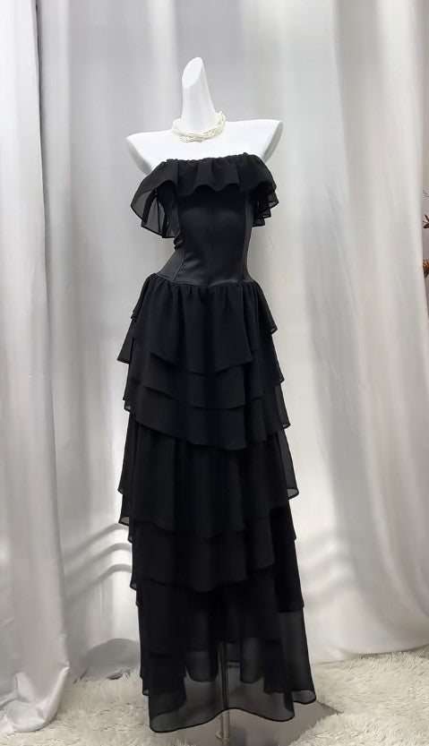 Black Strapless A-Line Layered Chiffon Long Prom Dress Graduation Prom Dress HZ1024