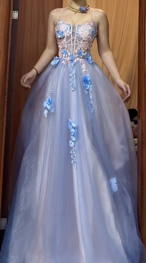 A-Line Spaghetti Strap Tulle Applique Long Prom Dress Sweet Evening Dress HZ1024