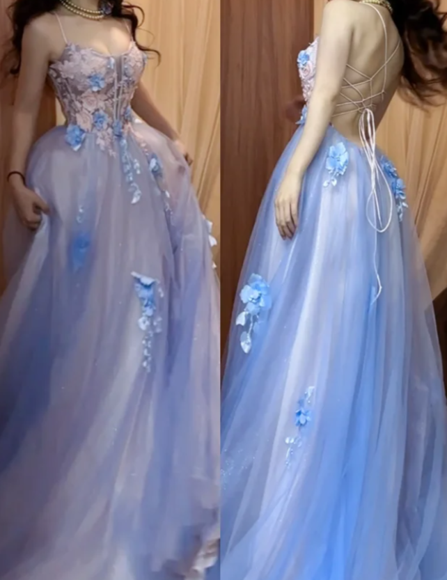 A-Line Spaghetti Strap Tulle Applique Long Prom Dress Sweet Evening Dress HZ1024