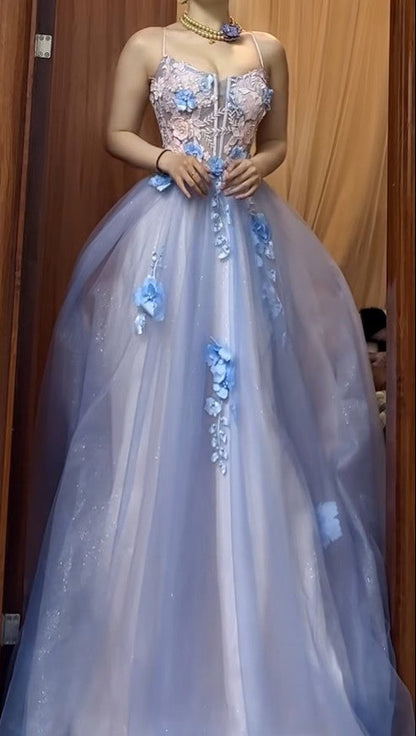 A-Line Spaghetti Strap Tulle Applique Long Prom Dress Sweet Evening Dress HZ1024
