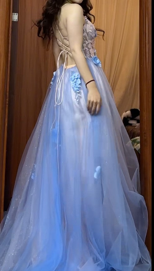 A-Line Spaghetti Strap Tulle Applique Long Prom Dress Sweet Evening Dress HZ1024
