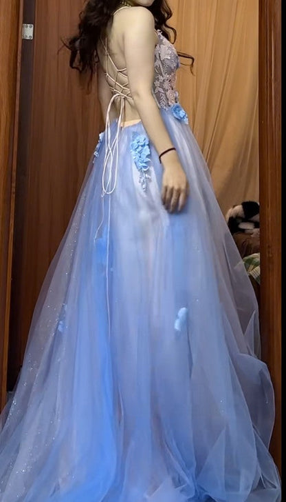 Backless A-Line Spaghetti Strap Tulle Applique Long Prom Dress Sweet Evening Dress ED01824
