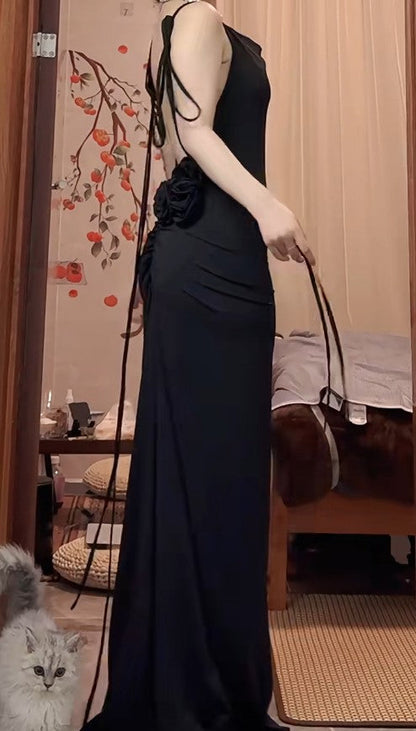 Black Sexy Chiffon Sheath Backless Long Prom Dress Spaghetti Strap Party Dress ED01825