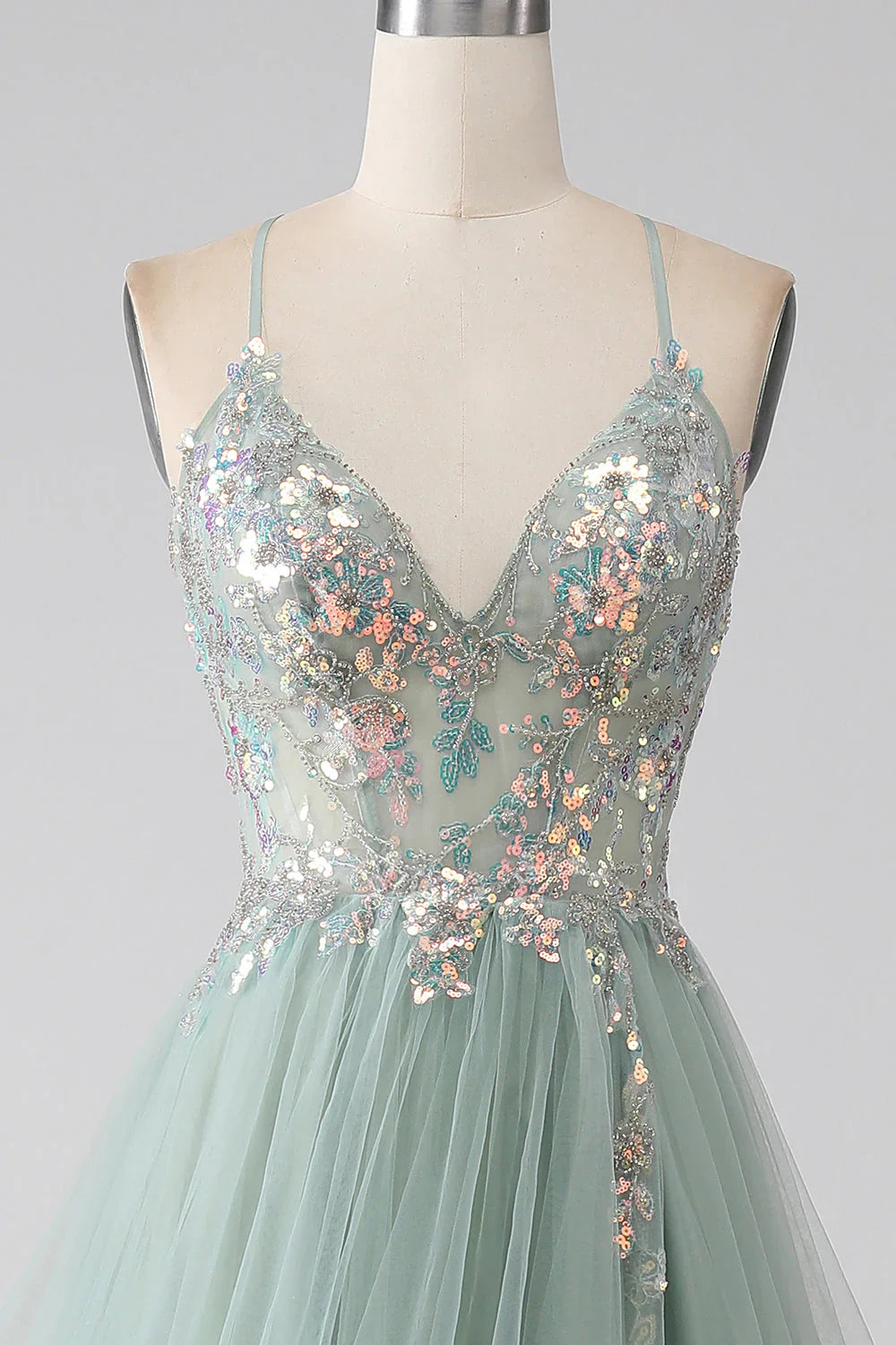Sweet Green A-Line Tulle Strapless Sequined Long Prom Dresses for Birthday Backless Evening Gowns ED01826